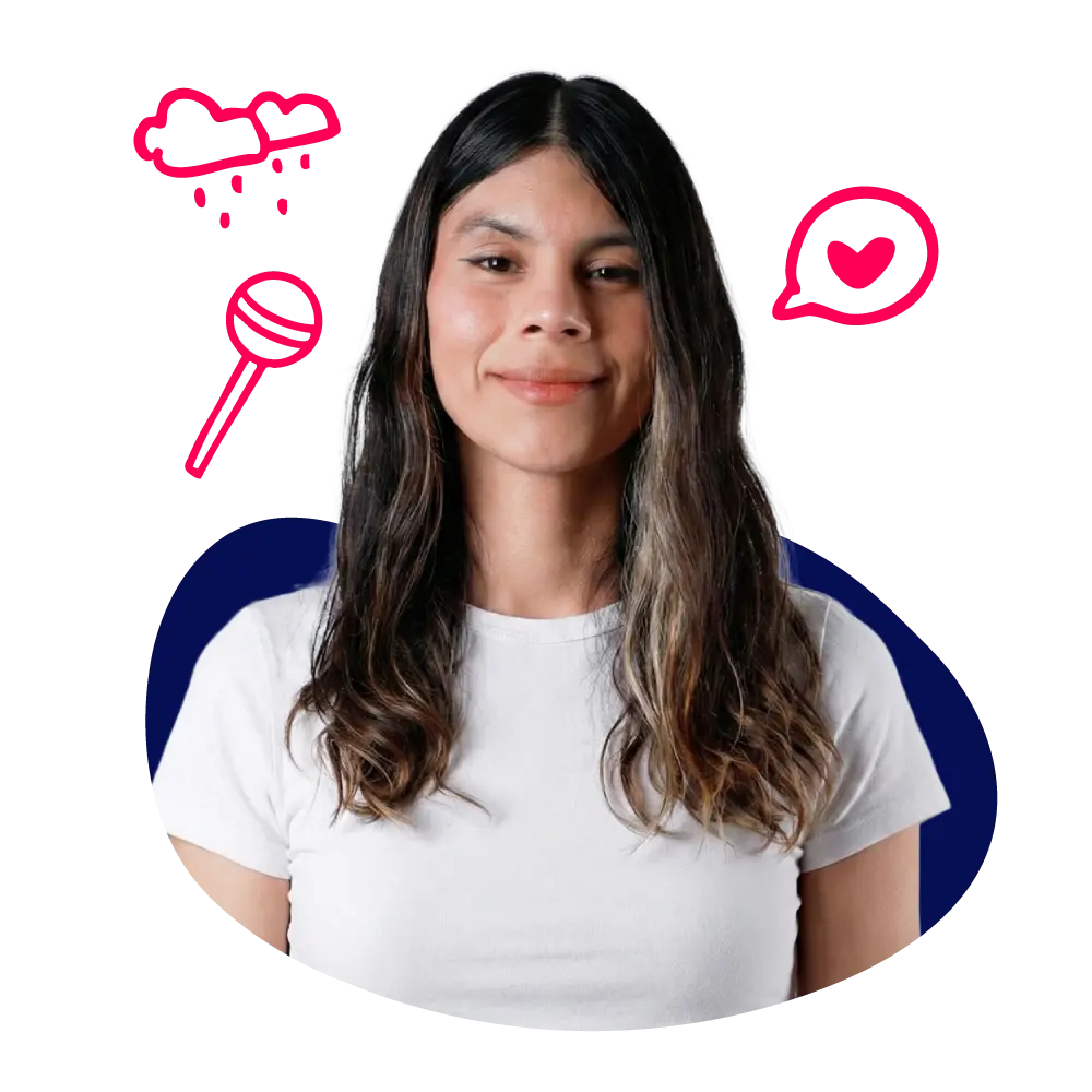 New Hampshire Woman with long dark hair wearing a white t-shirt, standing in front of illustrated icons of a microphone, rain clouds, and a speech bubble with a heart. Marketing Agency
