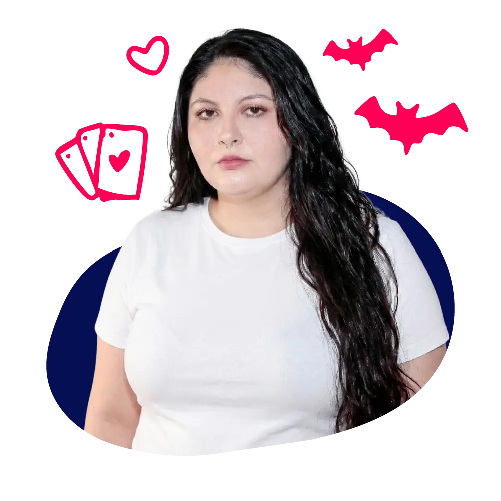 New Hampshire Woman with long dark hair wearing a white t-shirt stands in front of a plain background with pink hearts, bats, and playing cards illustrated around her. Marketing Agency