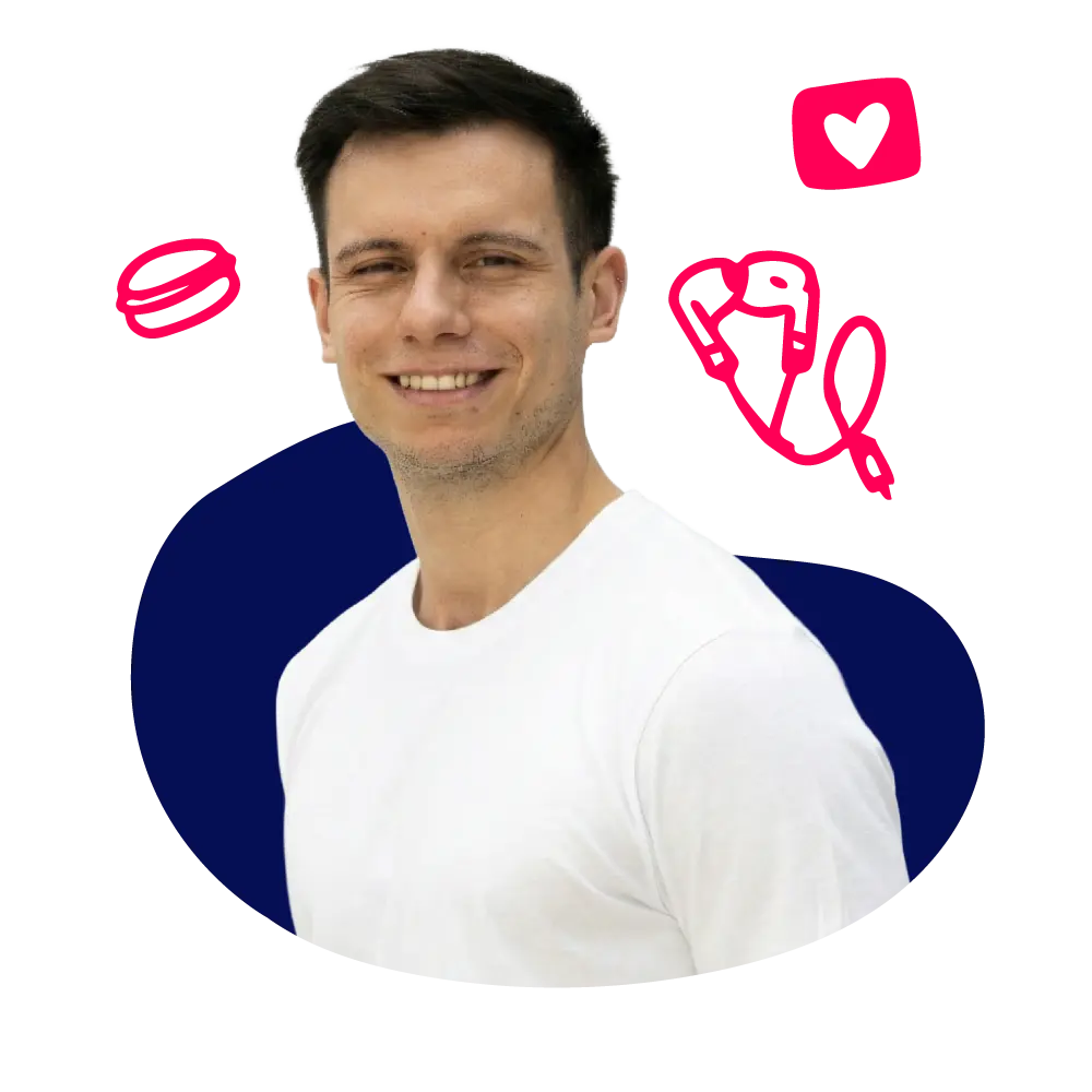 New Hampshire A man in a white t-shirt smiles at the camera. Pink doodles of lips, a heart, and two champagne glasses are in the background on a dark blue abstract shape. Marketing Agency