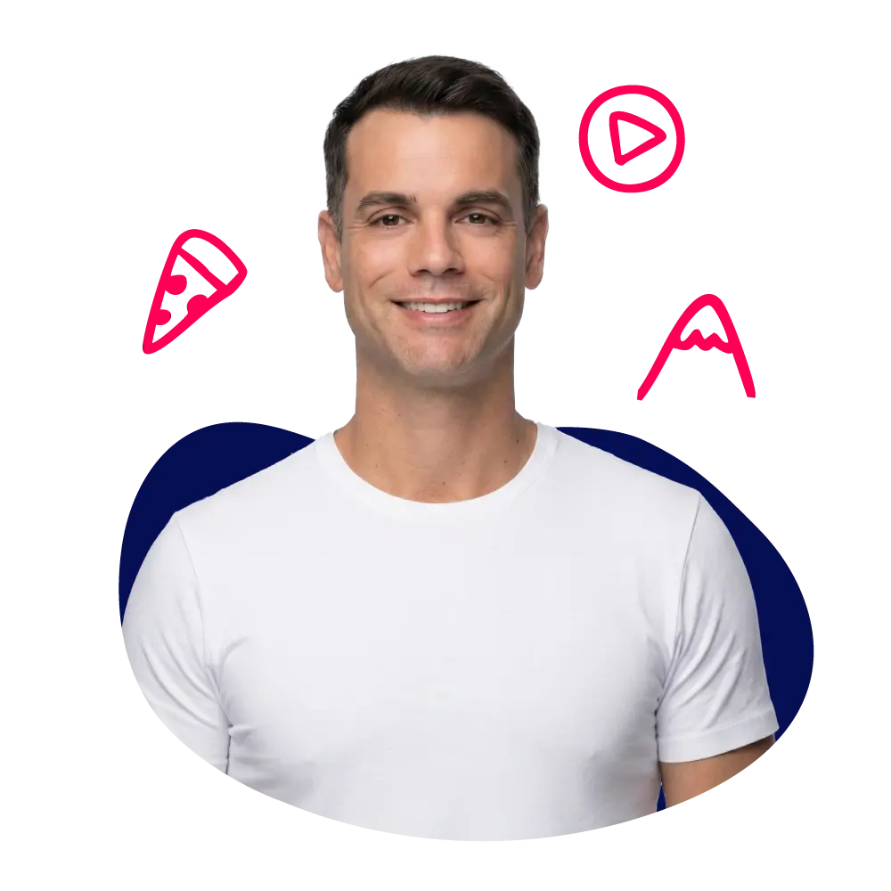New Hampshire Man in a white t-shirt smiling at the camera, with doodles of a pizza slice, play button, and letter A in red around his head on a black background. Marketing Agency
