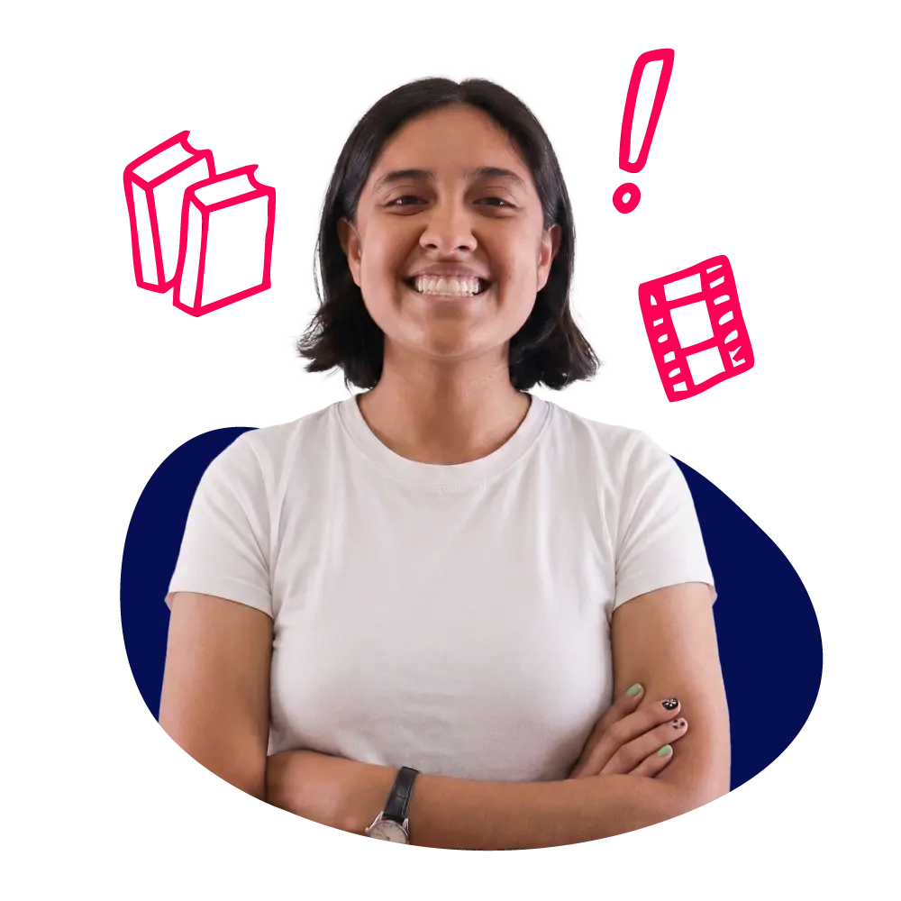 New Hampshire A person with short dark hair, wearing a white t-shirt, stands smiling with arms crossed; red doodles of books, an exclamation mark, and a film strip are in the background. Marketing Agency