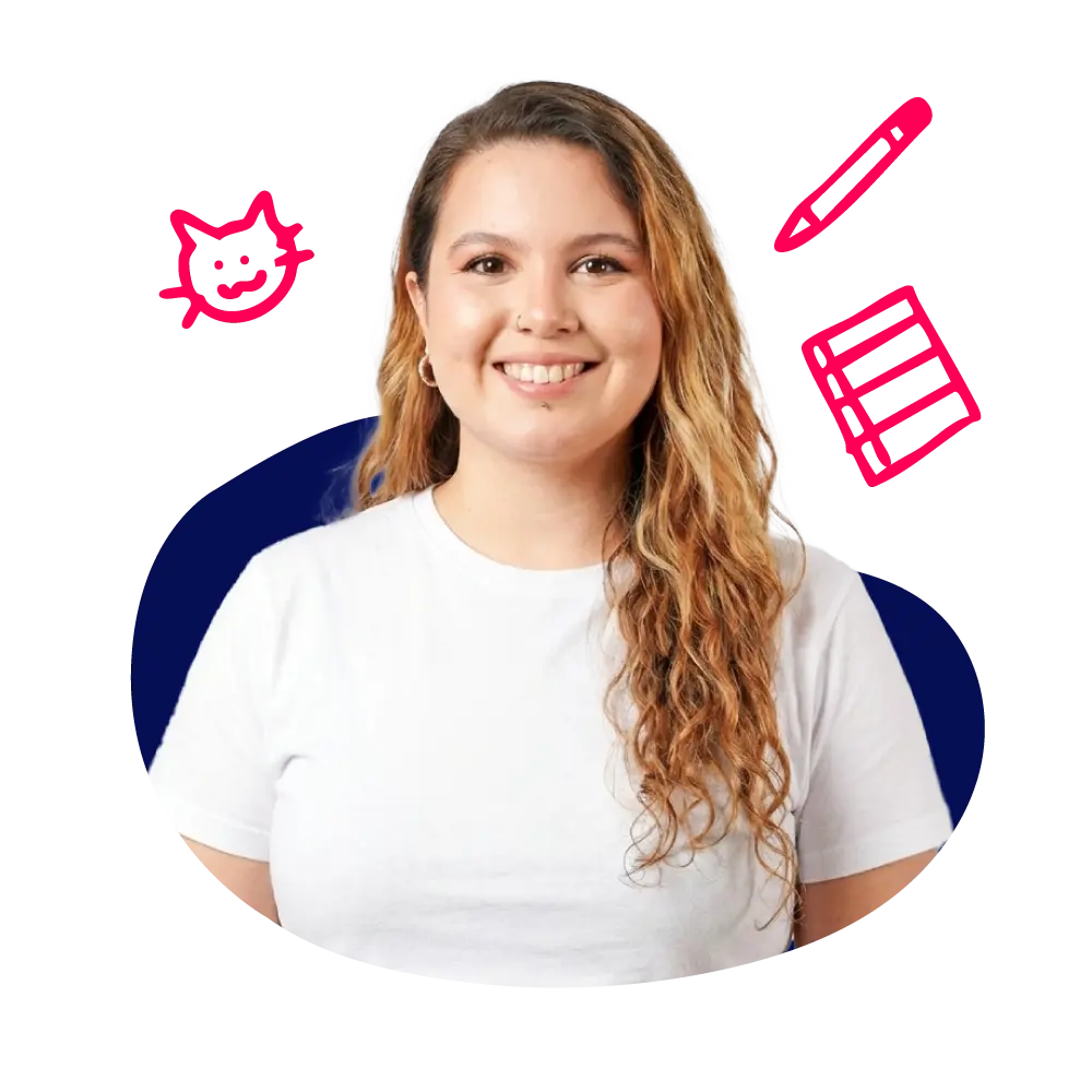 New Hampshire A woman with long wavy hair wearing a white t-shirt smiles at the camera. Pink icons of a pencil, notepad, and cat doodle are illustrated around her. Marketing Agency