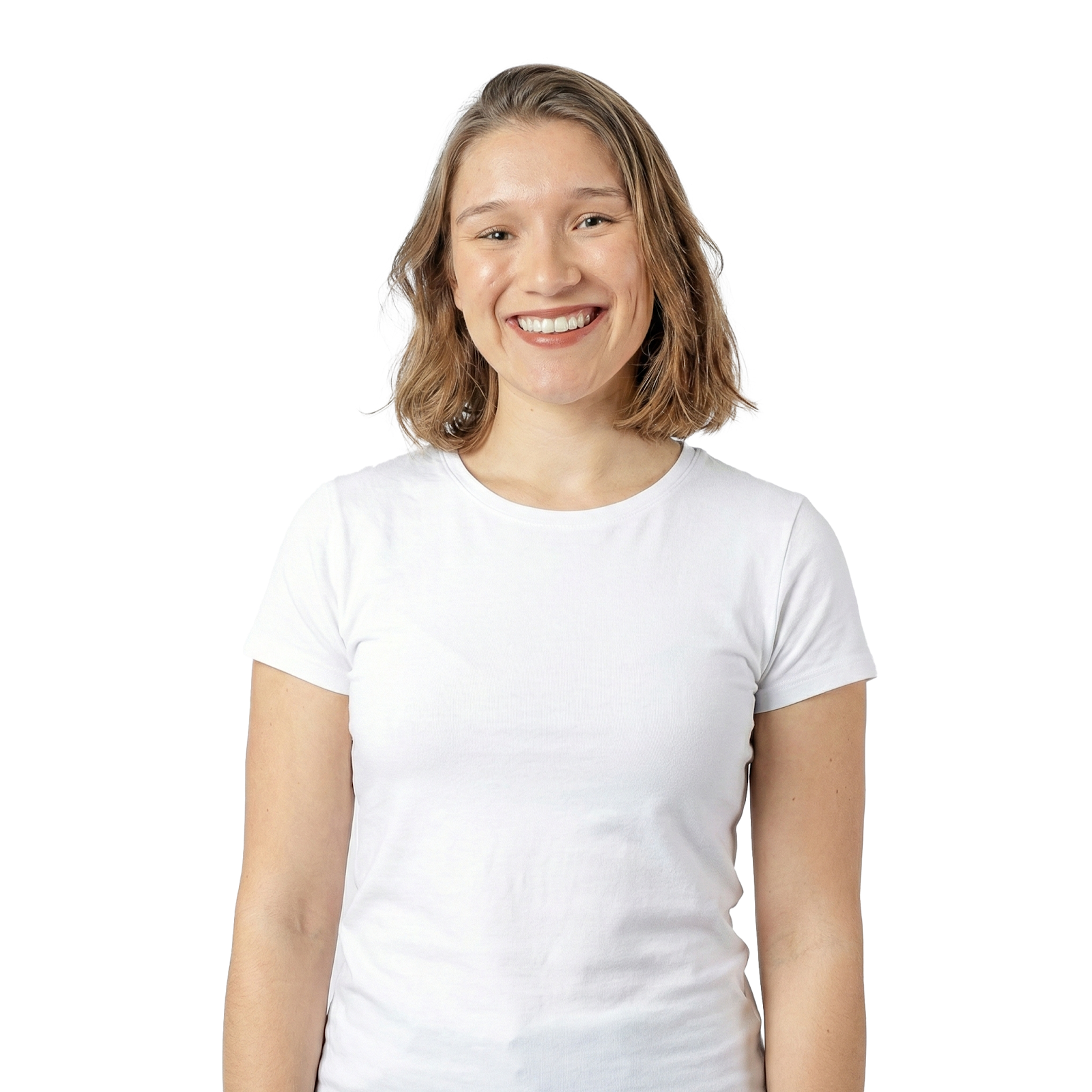 New Hampshire A person with short, light brown hair is smiling and wearing a plain white t-shirt, standing against a plain white background. Marketing Agency