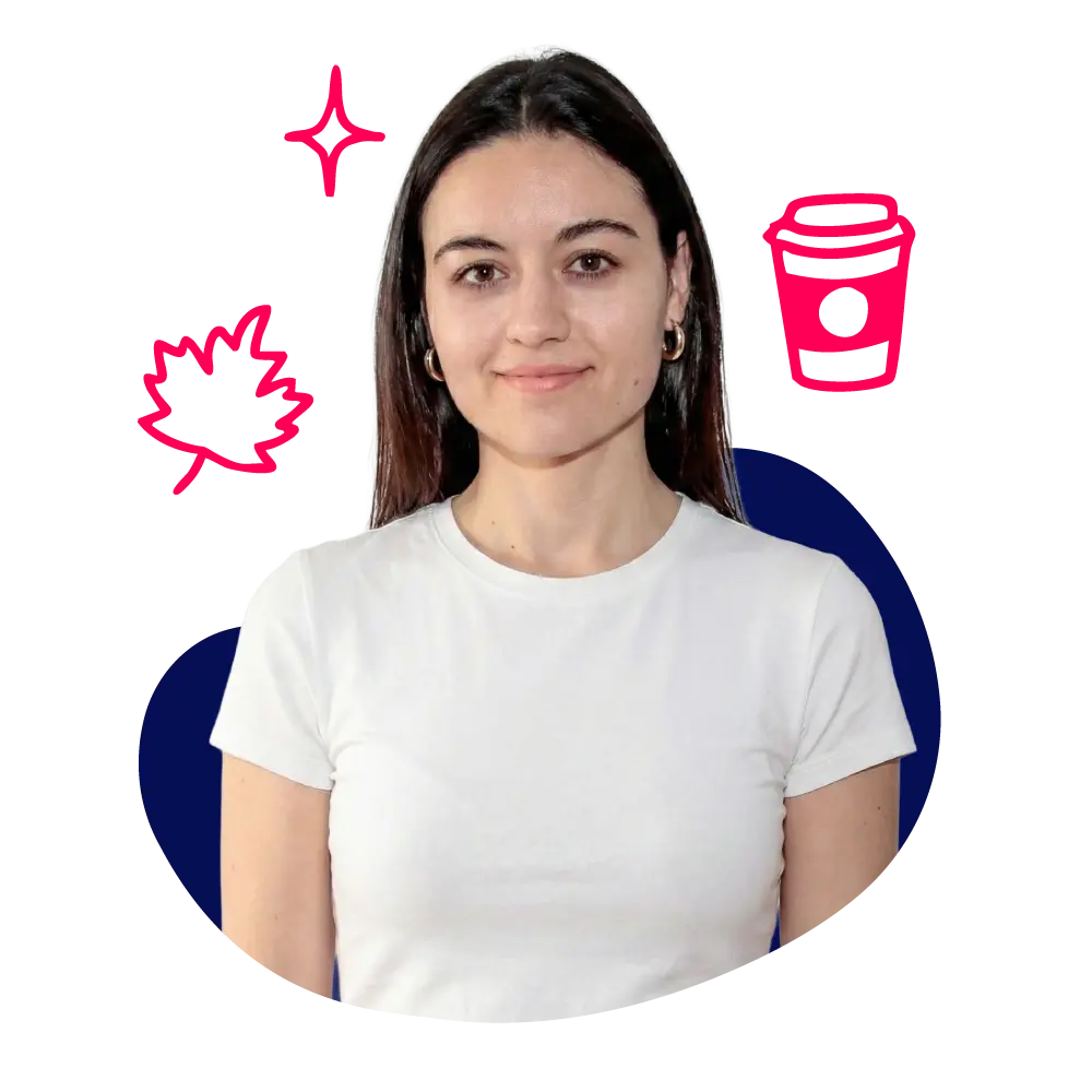 New Hampshire A woman in a white t-shirt stands in front of a graphic background featuring a leaf, a coffee cup, and a star-like sparkle. Marketing Agency