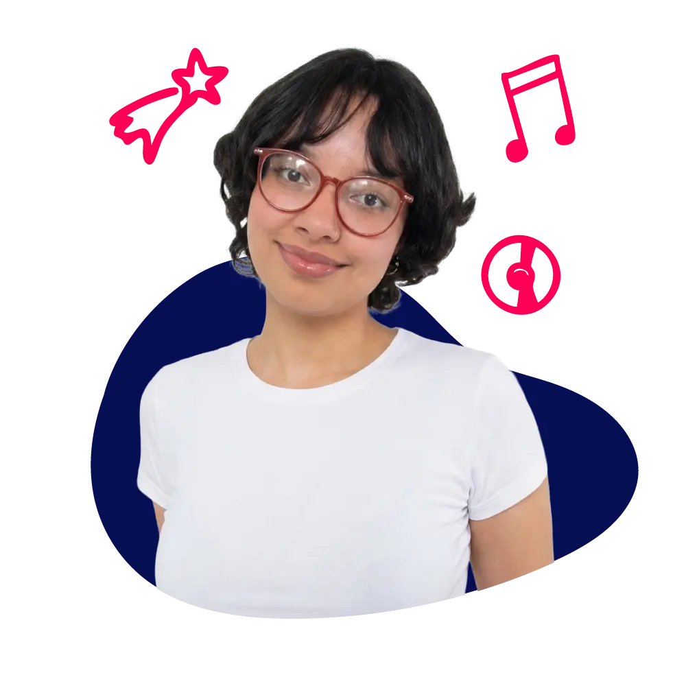 New Hampshire A person with short dark hair and red glasses wearing a white t-shirt, with illustrated icons of a shooting star, music note, and circle in the background. Marketing Agency