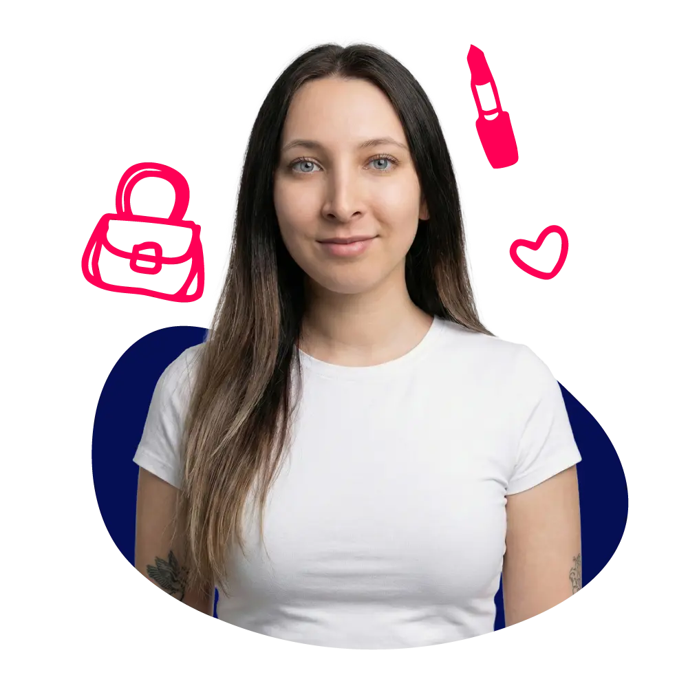 New Hampshire Woman with long brown hair wearing a white t-shirt stands in front of a dark background with pink line drawings of a purse, lipstick, and a heart. Marketing Agency