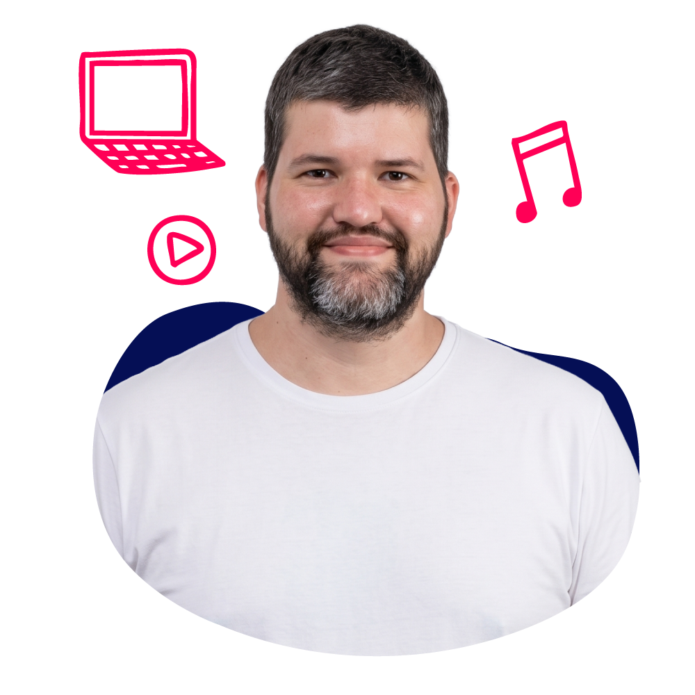 New Hampshire A man with short dark hair and a beard, wearing a white t-shirt, stands in front of a white background with pink laptop, play button, and music note icons. Marketing Agency