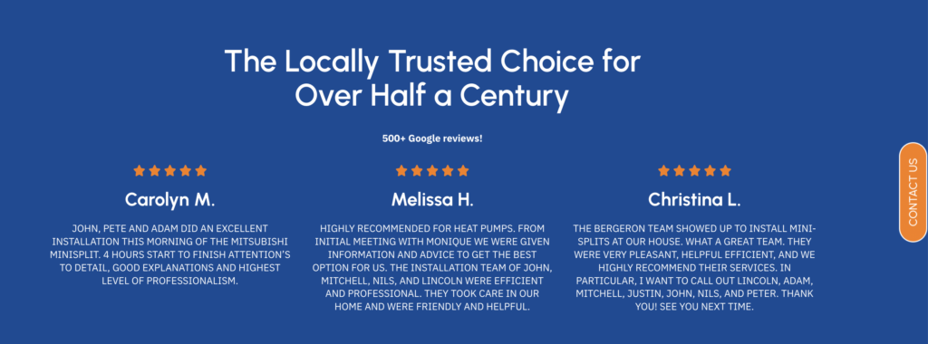 New Hampshire A blue banner displays three glowing customer reviews about air conditioning and heating contractors, each with reviewer names, five-star ratings, and a “500+ Google reviews!” note above to help generate leads for contractors. Marketing Agency