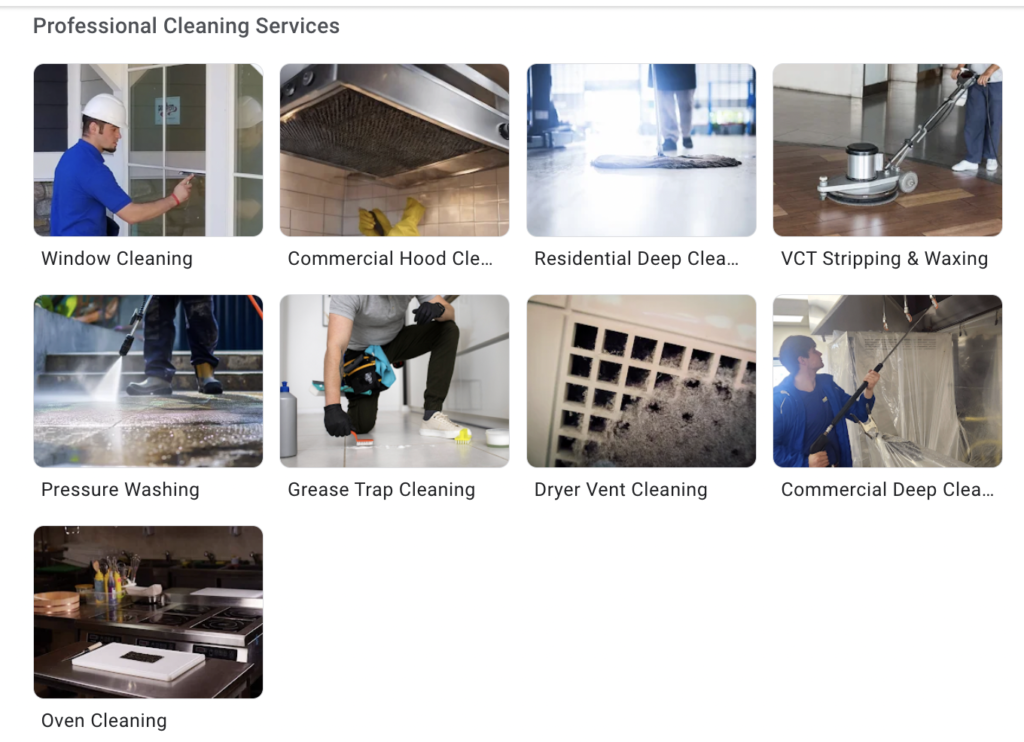 New Hampshire A grid of eight images showing various professional cleaning services, including window, hood, floor, vent, oven cleaning, and pressure washing—perfect for Lead Generation for Contractors seeking to showcase their expertise. Marketing Agency