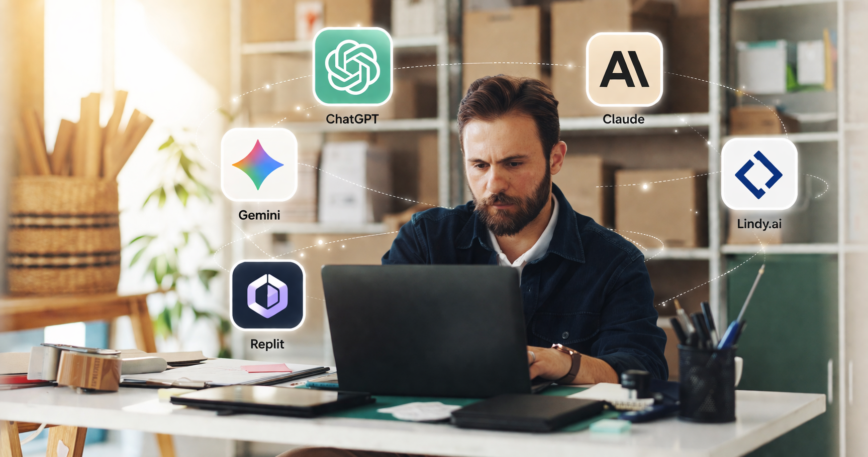 New Hampshire A man works on a laptop at a desk, surrounded by graphics representing AI tools—ChatGPT, Claude, Gemini, Replit, and Lindy.ai—offering practical tips for small businesses to boost productivity. Marketing Agency