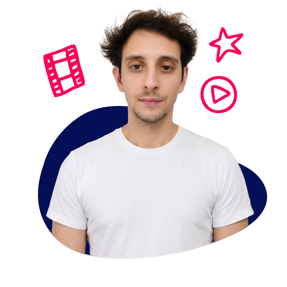 New Hampshire A man in a plain white t-shirt stands against a white background with illustrated icons of a film strip, a star, and a play button. Marketing Agency