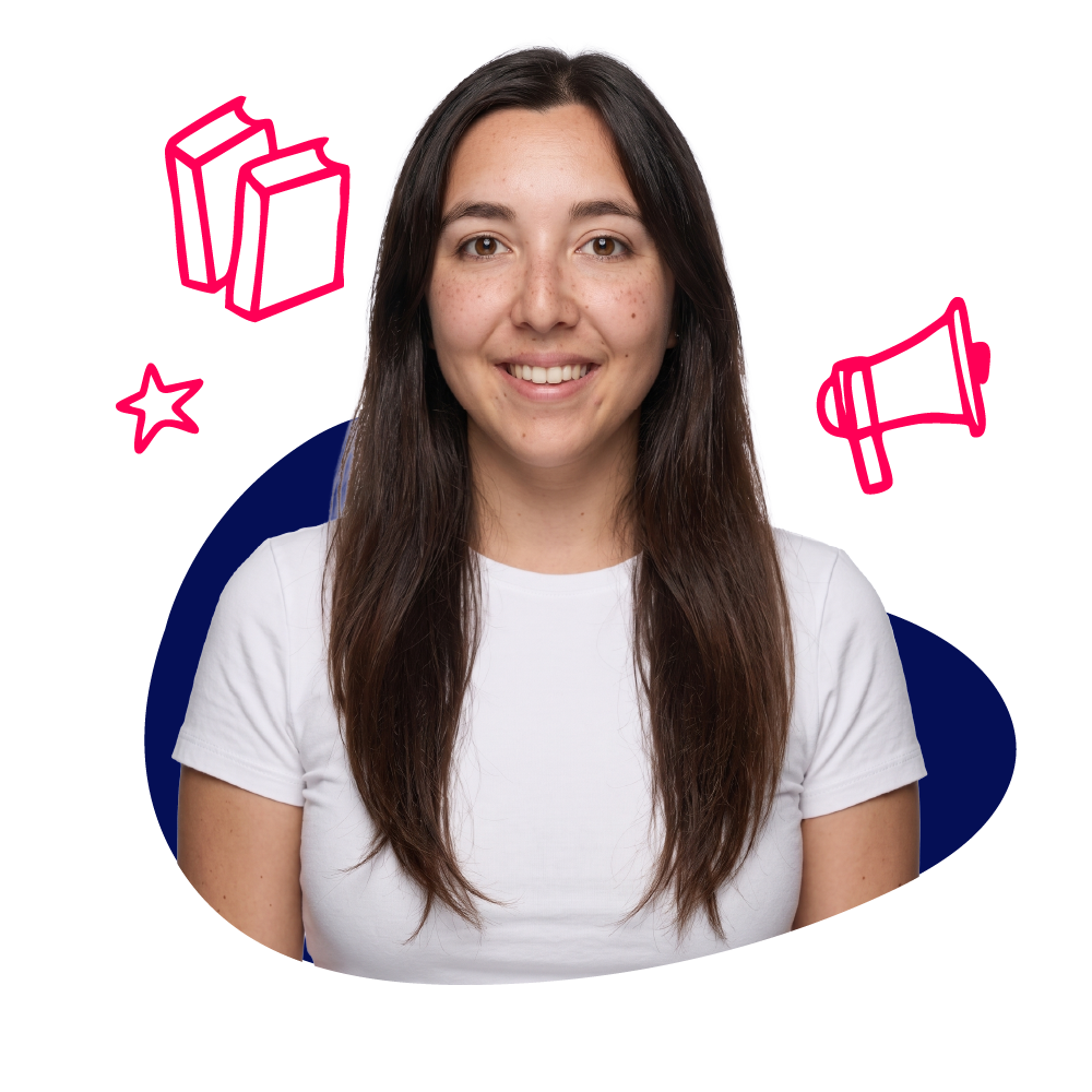 New Hampshire Woman with long brown hair wearing a white t-shirt, smiling at the camera, with illustrated books, a megaphone, and a star around her on a white background. Marketing Agency