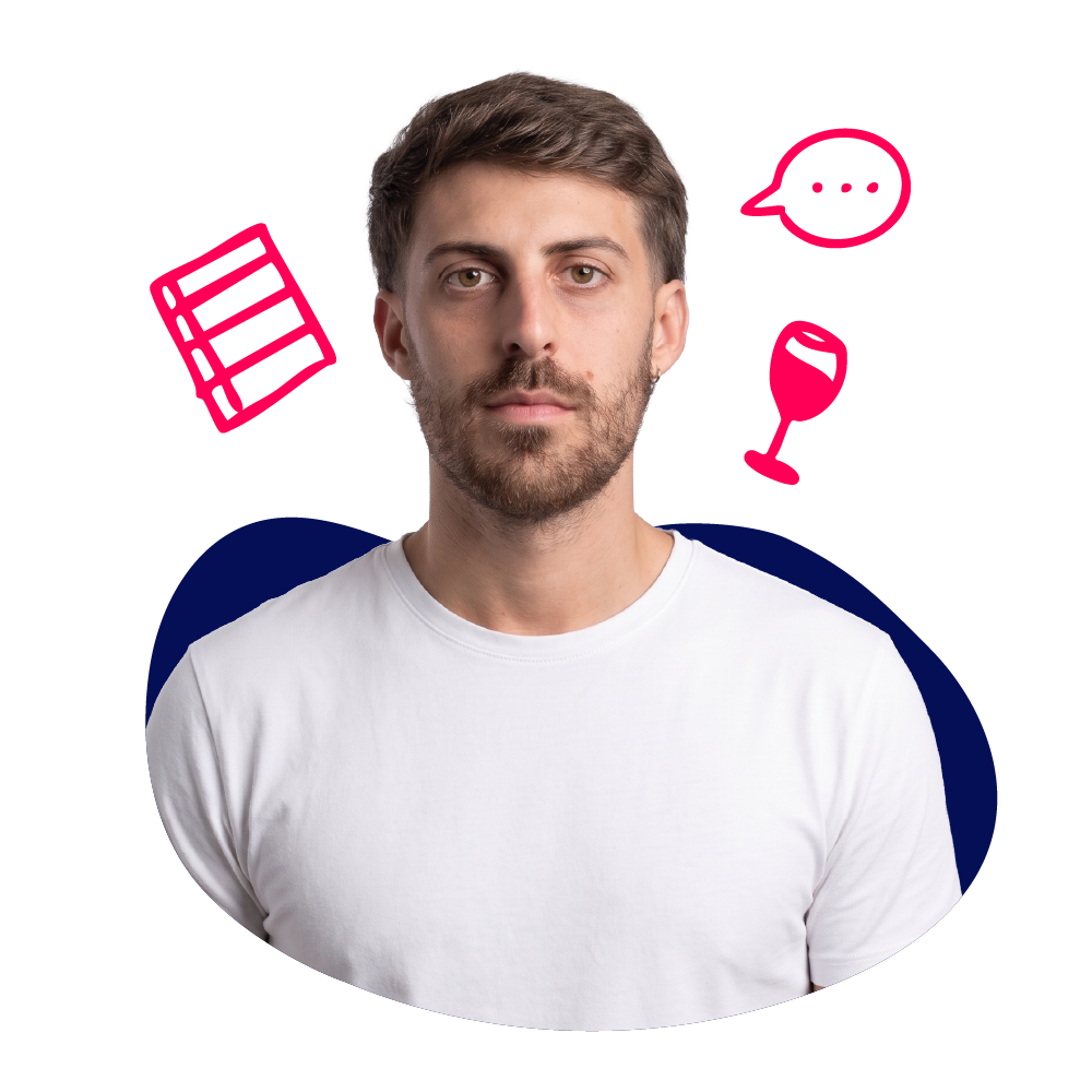 New Hampshire A man with short brown hair and a beard wears a white t-shirt, with illustrations of books, a speech bubble, and a wine glass around him on a white background. Marketing Agency