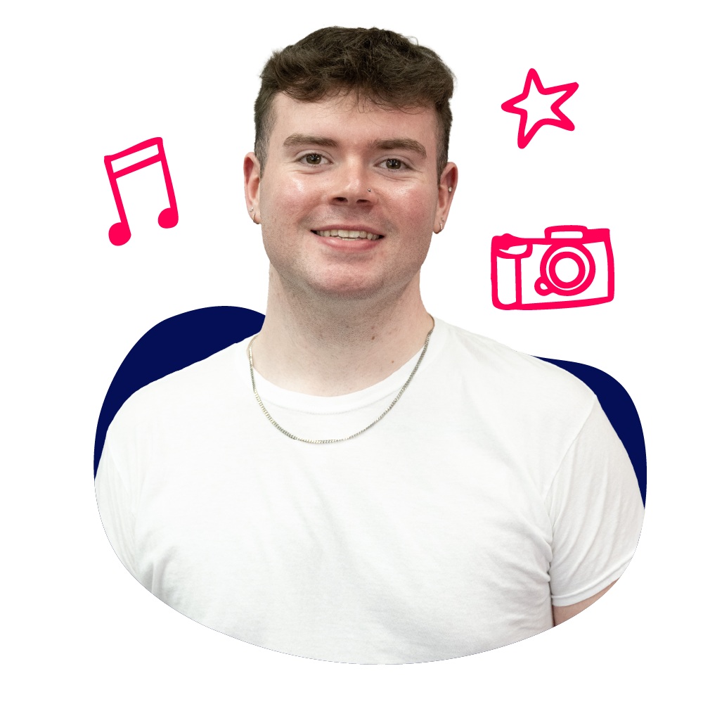 New Hampshire A person in a white t-shirt smiles at the camera. Illustrated icons of a music note, star, and camera are in the background. Marketing Agency