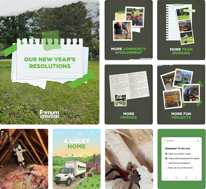 New Hampshire A collage featuring New Year’s resolutions and goals for Farnum Insulators, including community involvement, team bonding, fun projects, friends, and a weekend to-do list, plus images of their work. Marketing Agency