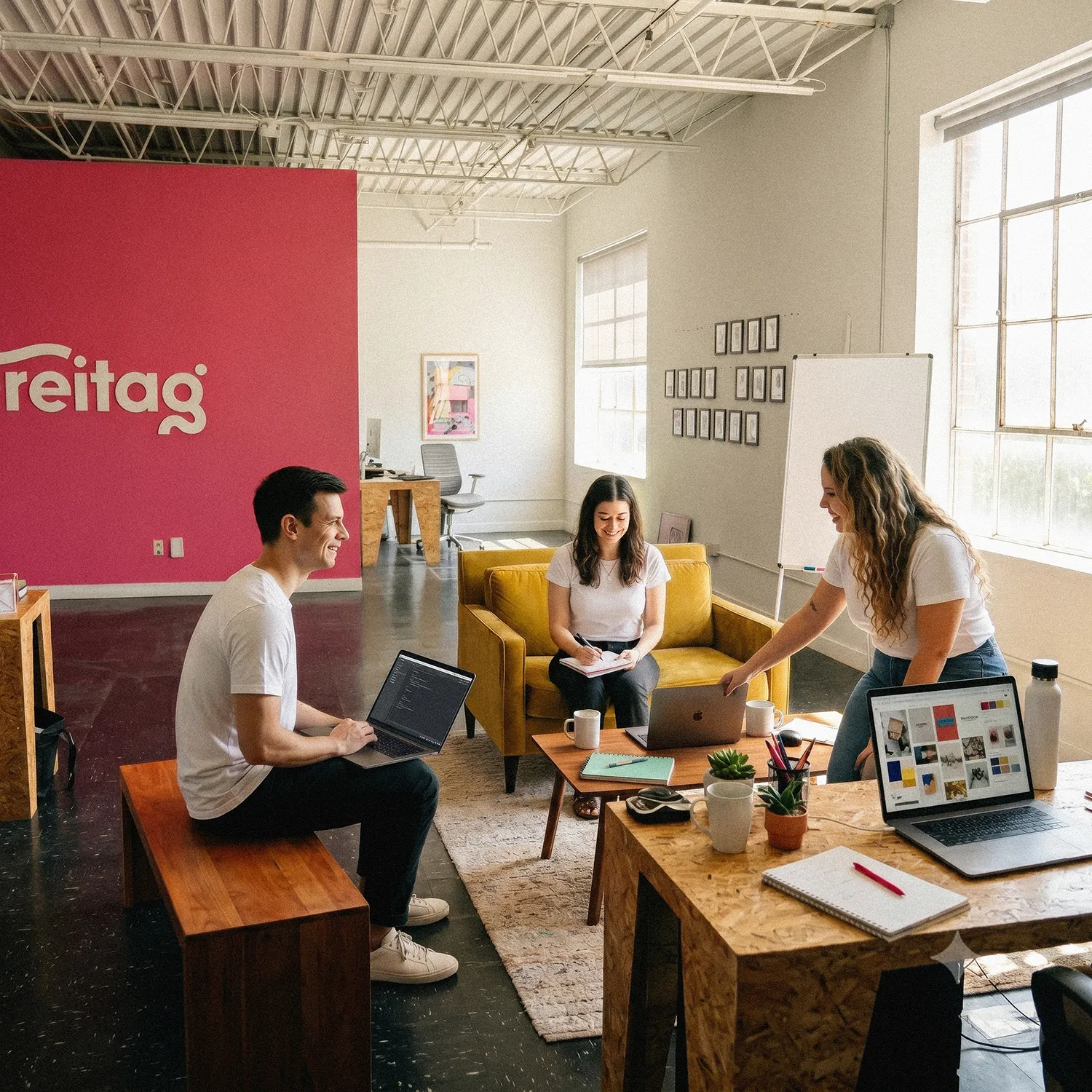 New Hampshire Four people work together in a modern, brightly lit office with laptops and notebooks on the tables; a pink wall with "freitag" is seen in the background. Marketing Agency