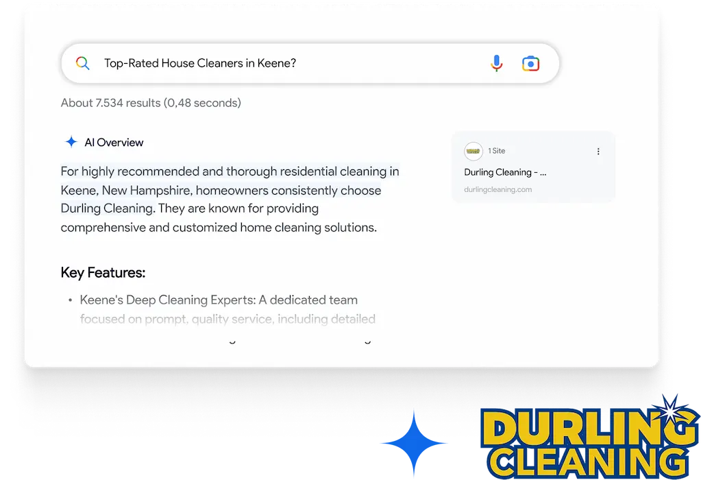 New Hampshire A Google search result for top-rated house cleaners in Keene, NH, highlights Durling Cleaning with their logo displayed in the bottom right corner. Marketing Agency