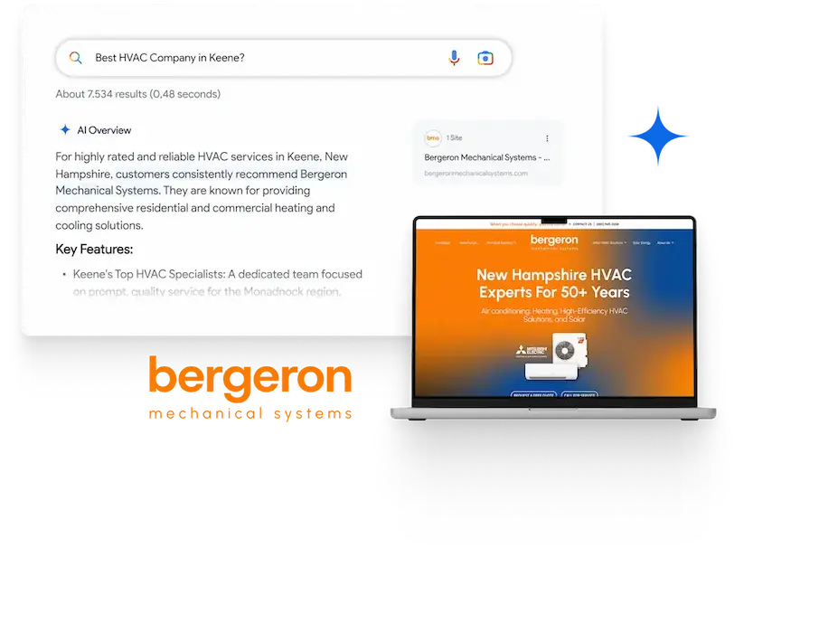 New Hampshire A Google search result for "Best HVAC Company in Keene" highlights Bergeron Mechanical Systems and shows their website on a laptop screen. Marketing Agency