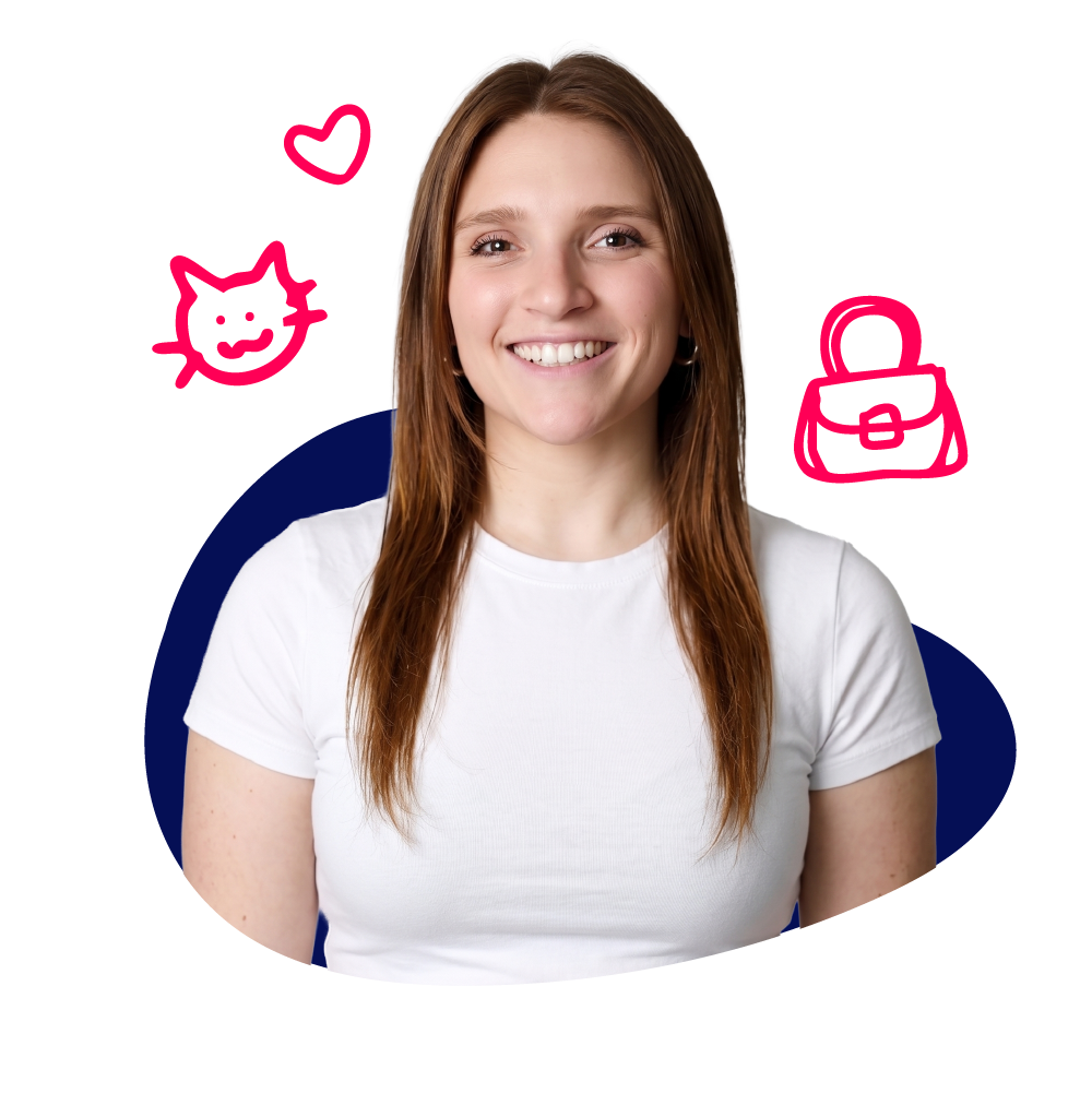 New Hampshire A woman with long brown hair in a white t-shirt smiles at the camera. Red doodles of a cat with a heart and a handbag are drawn beside her on a white background. Marketing Agency