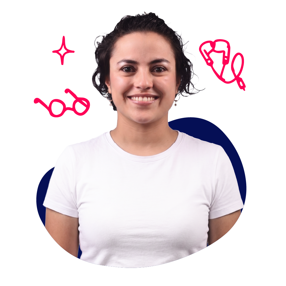 New Hampshire A person with short dark hair and a white t-shirt is smiling. Illustrations of glasses, a stethoscope, and a sparkle are drawn around them. Marketing Agency