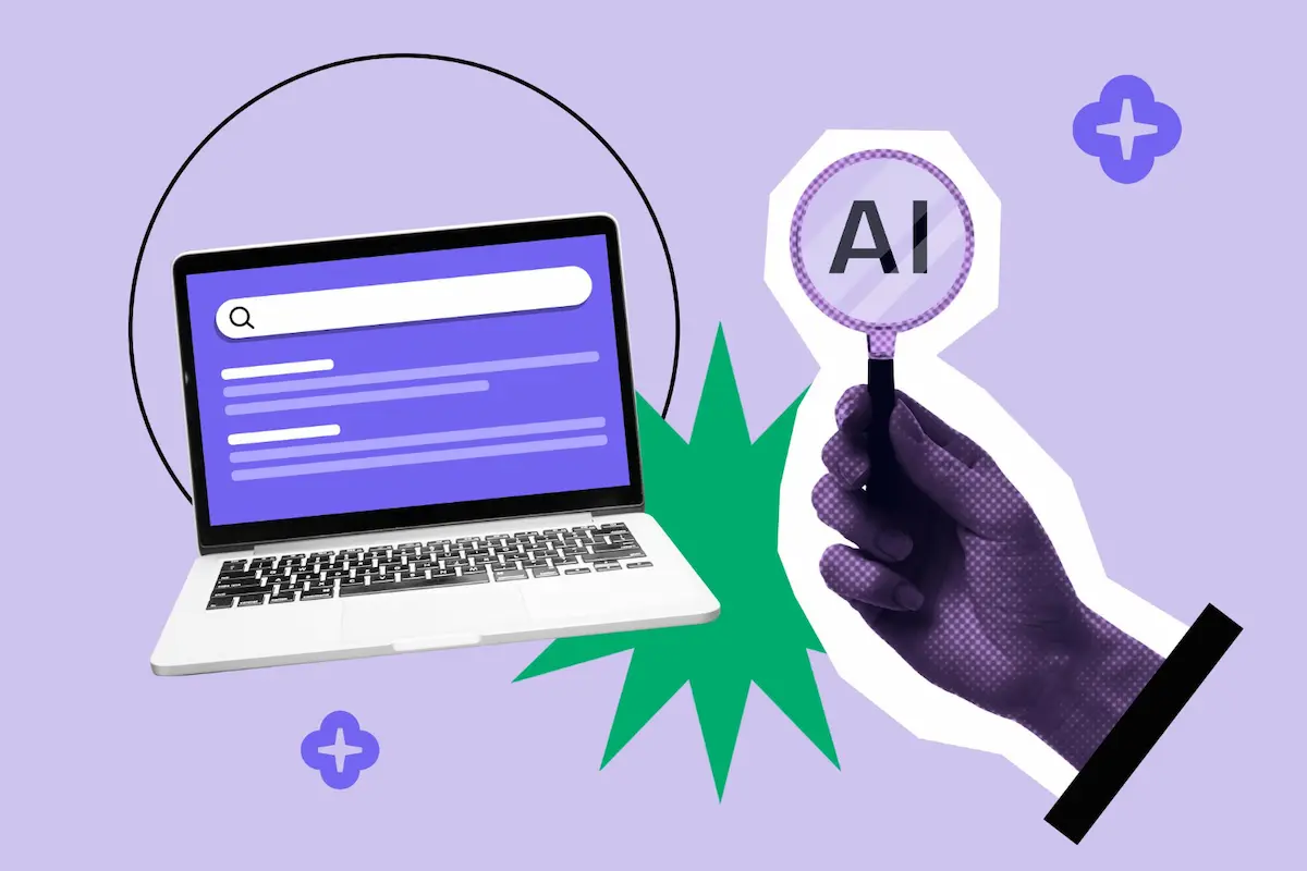 New Hampshire Illustration of a laptop displaying a search engine and a hand holding a magnifying glass with "AI" on it, set against a purple background with abstract shapes. Marketing Agency