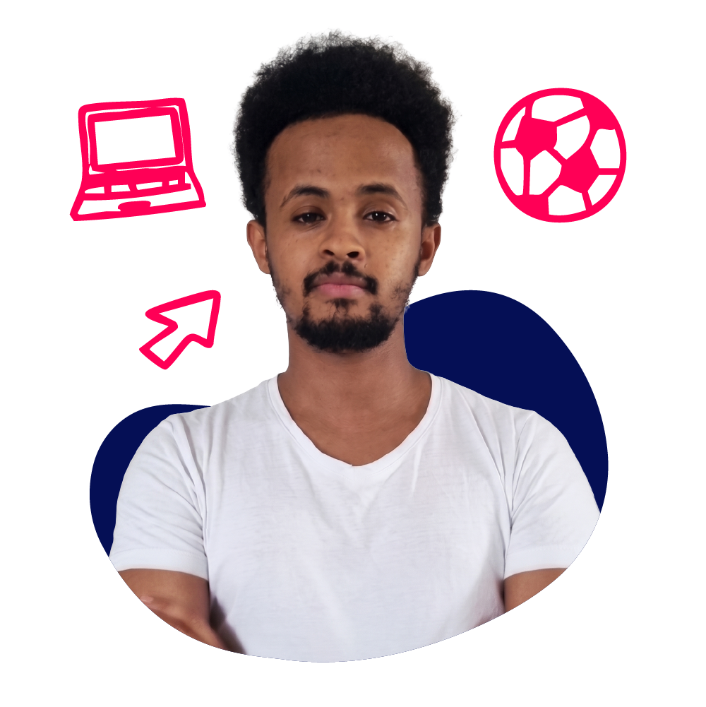 New Hampshire A man in a white shirt stands in front of a graphic background with illustrated icons of a laptop, soccer ball, and arrow. Marketing Agency