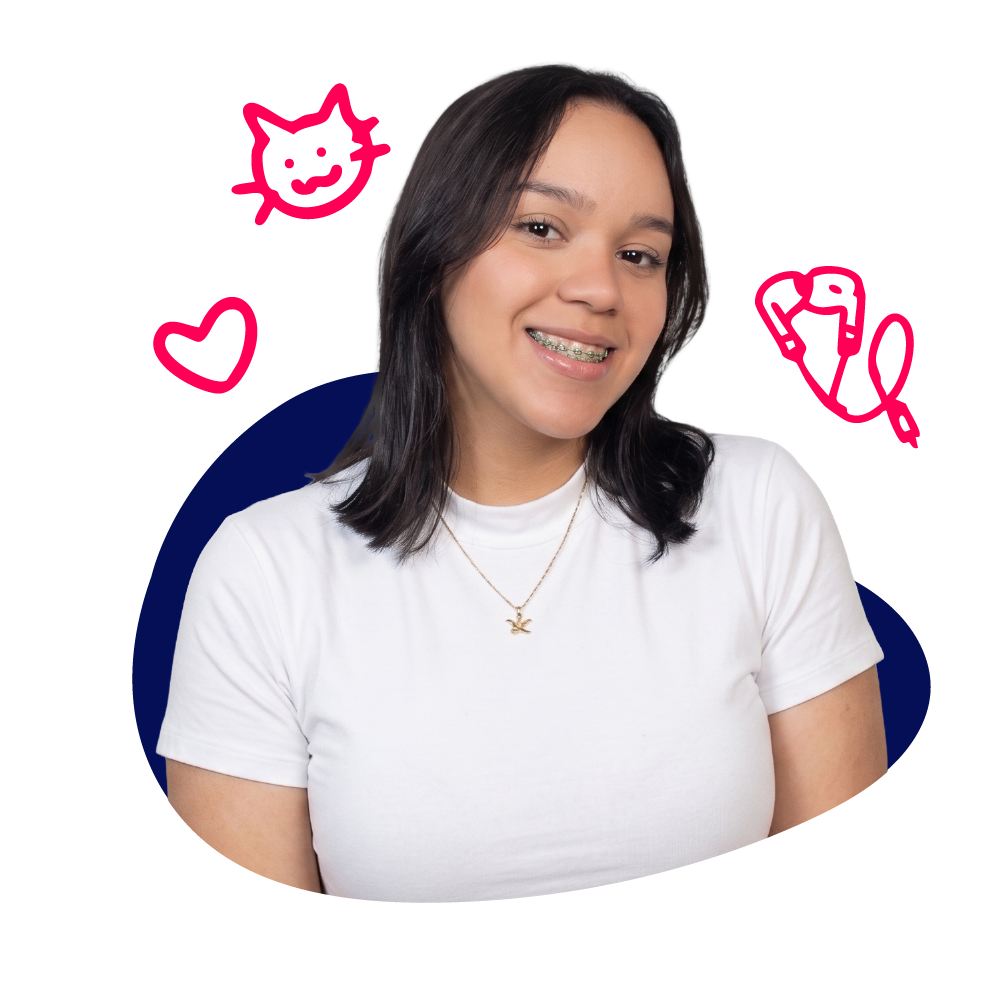 New Hampshire Smiling woman with braces wears a white shirt, posing in front of a white background with pink doodles of a cat, heart, and headphones. Marketing Agency