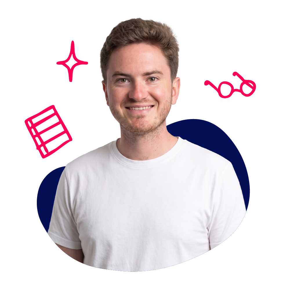 New Hampshire A man in a white t-shirt smiles at the camera with illustrated book, glasses, and spark icons on a white background. Marketing Agency