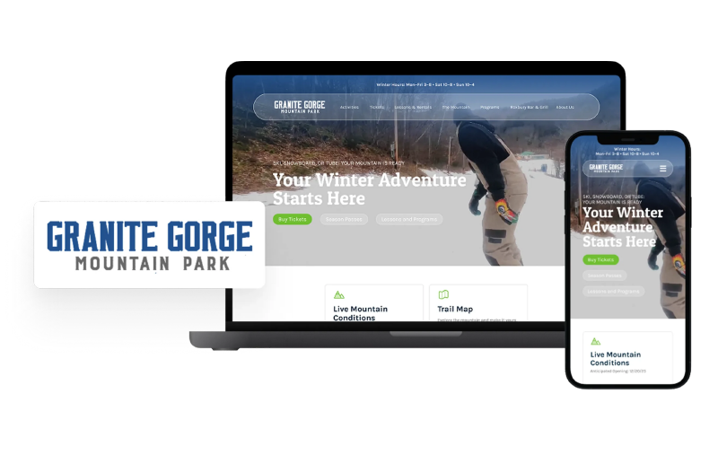 New Hampshire A laptop and smartphone display the Granite Gorge Mountain Park website; the park’s logo appears on the left. Marketing Agency