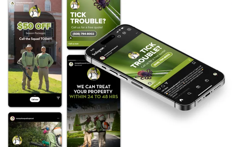 New Hampshire A smartphone and graphics display ads for tick removal services, offering $50 off, a phone number, treatment info, and images of workers in uniform at properties. Marketing Agency