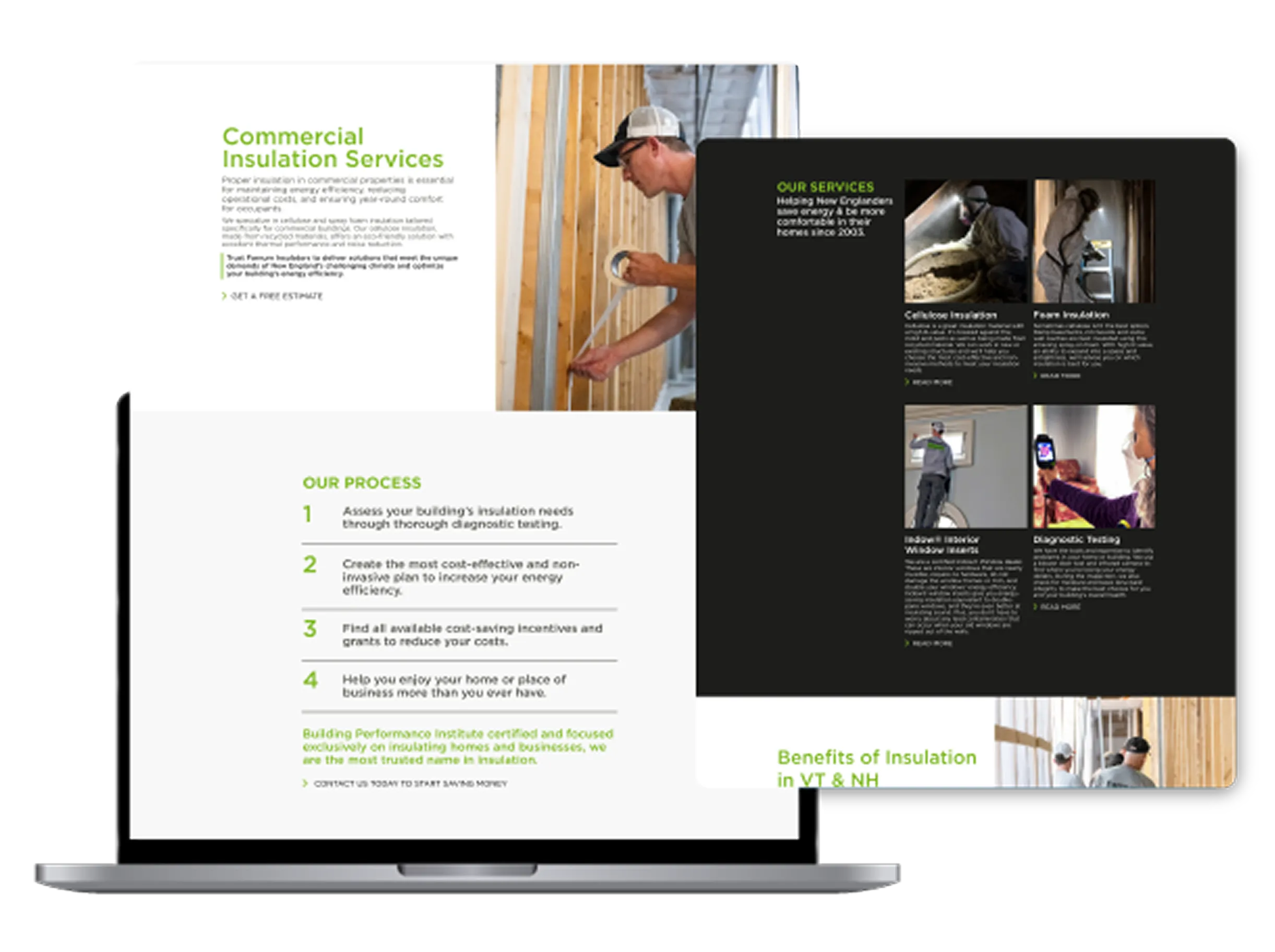 New Hampshire A laptop screen displays a brochure for commercial insulation services, featuring text, service descriptions, process steps, and photos of workers installing insulation. Marketing Agency