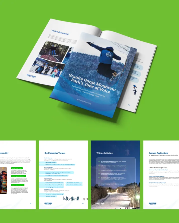 New Hampshire A brochure titled “Granite Gorge Mountain Park’s Tone of Voice” is displayed on a green background, shown both open and closed, with several inside pages visible in a row below. Marketing Agency