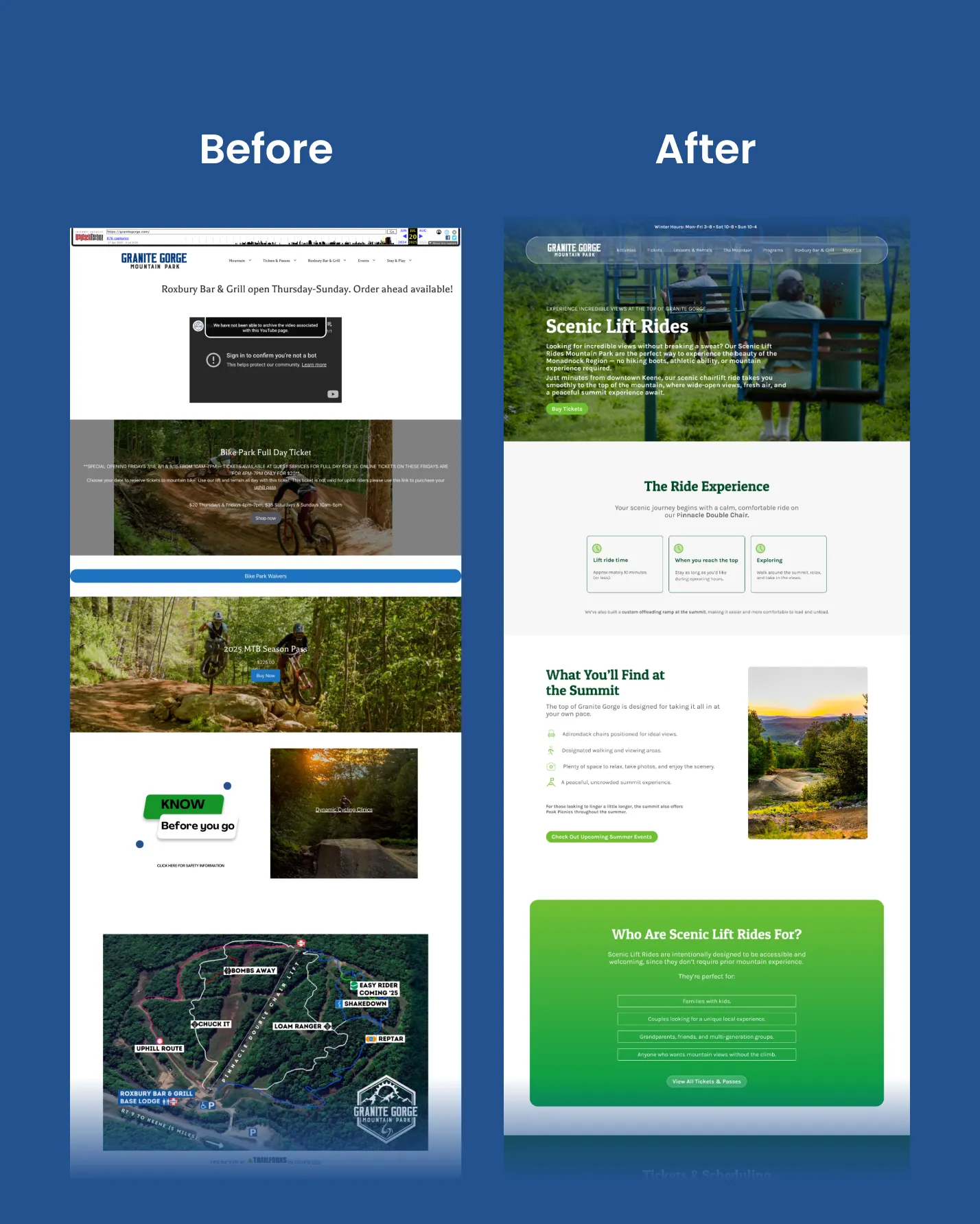 New Hampshire Side-by-side comparison of a website’s old and new design for a scenic lift ride service, showing a more modernized, organized, and visually engaging layout in the “After” version. Marketing Agency
