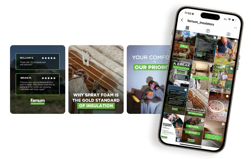 New Hampshire A smartphone displays an Instagram profile for “farnum_insulators,” next to three insulation-related social media posts highlighting reviews, a worker spraying foam, and comfort messaging. Marketing Agency