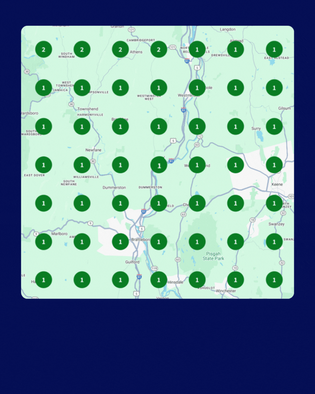 New Hampshire A map displays several green circles with numbers, mostly “1,” marking different locations across a light green and blue geographic area. Marketing Agency