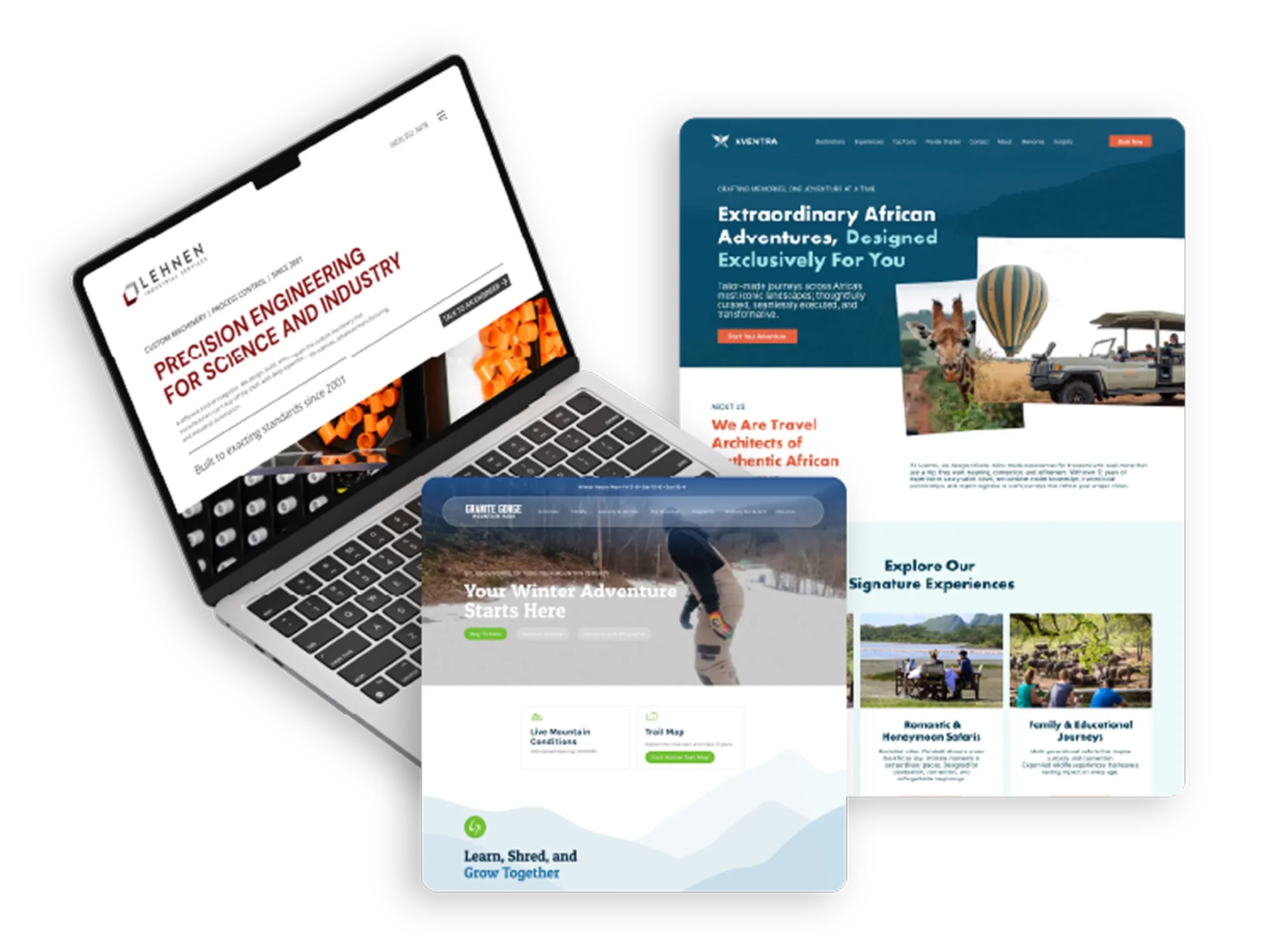 New Hampshire A laptop displaying a website is shown, with two additional website interface mockups overlapping it on the right and lower sides. Marketing Agency