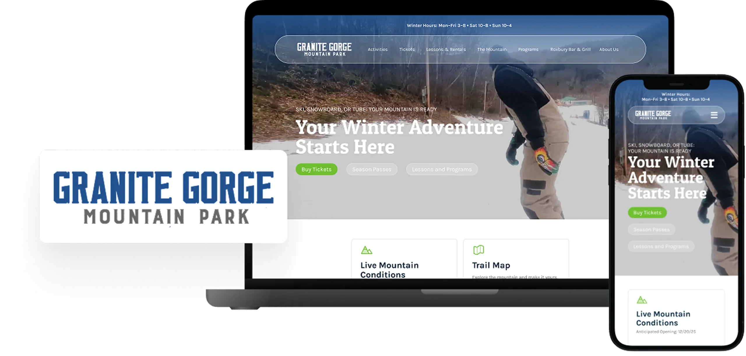 New Hampshire Laptop displaying Granite Gorge Mountain Park website with a banner reading “Your Winter Adventure Starts Here” and navigation options for live conditions and trail map. Marketing Agency