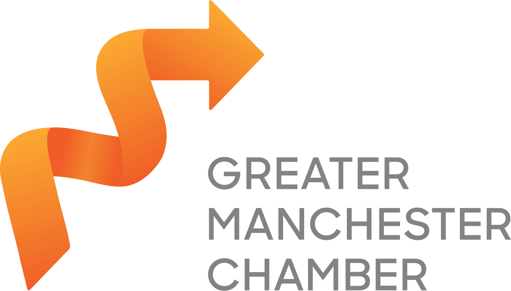 New Hampshire Orange ribbon arrow pointing upward left, next to text “Greater Manchester Chamber” in gray capital letters on a white background. Marketing Agency