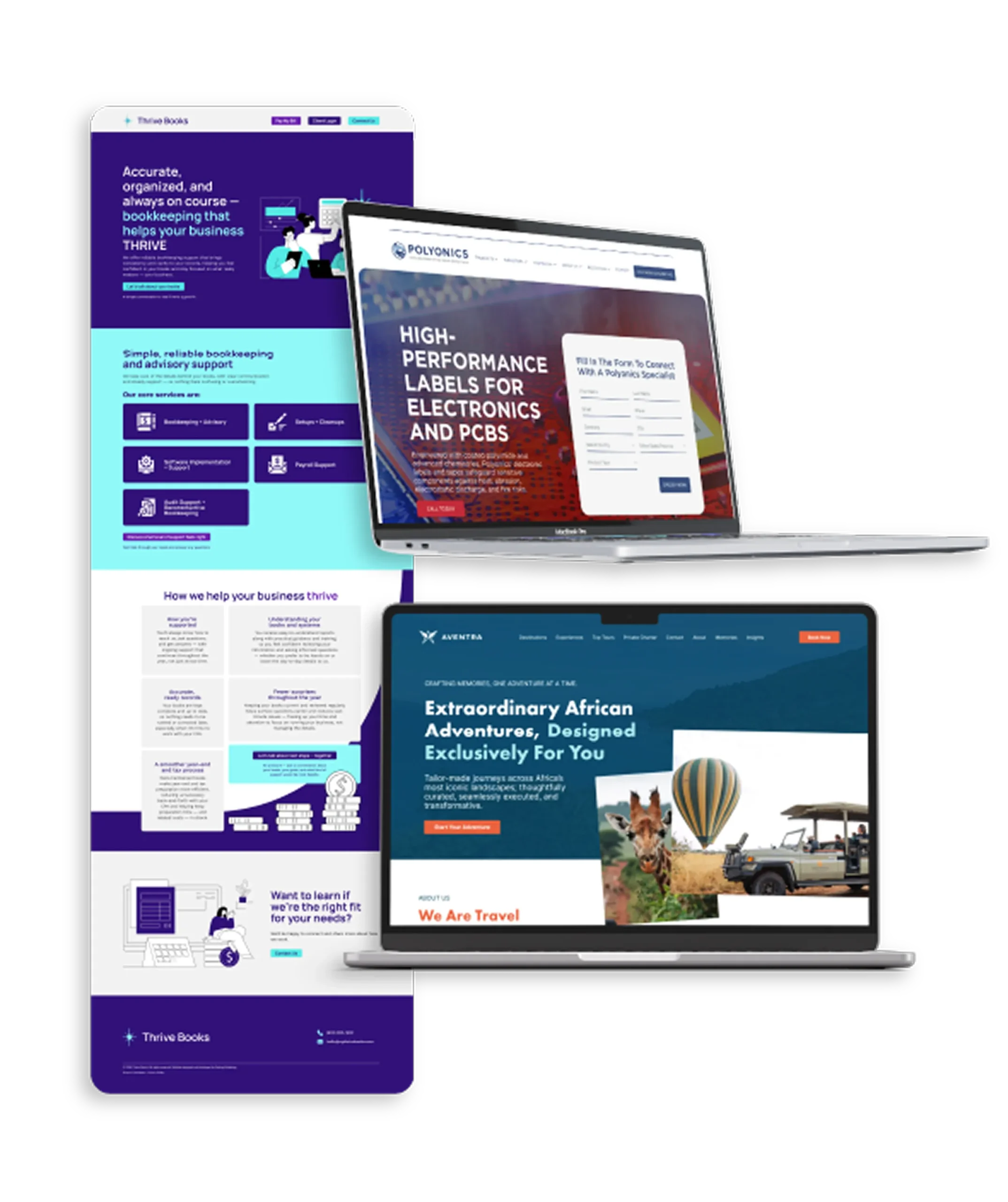 New Hampshire Two open laptops displaying different colorful website homepages are overlaid on a vertical webpage mockup with business service information. Marketing Agency