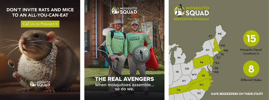 New Hampshire A rat with food, two people in Mosquito Squad shirts holding equipment, and a map showing Mosquito Squad locations and a beekeeping program across eight eastern U.S. states. Marketing Agency