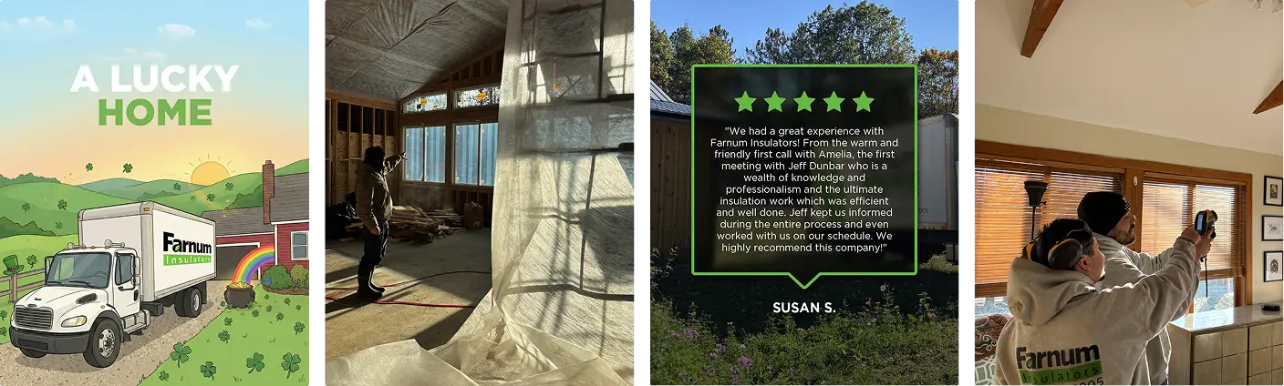New Hampshire A collage showing a moving truck, construction materials in a home, a 5-star review, and workers installing insulation inside a room with large windows. Marketing Agency