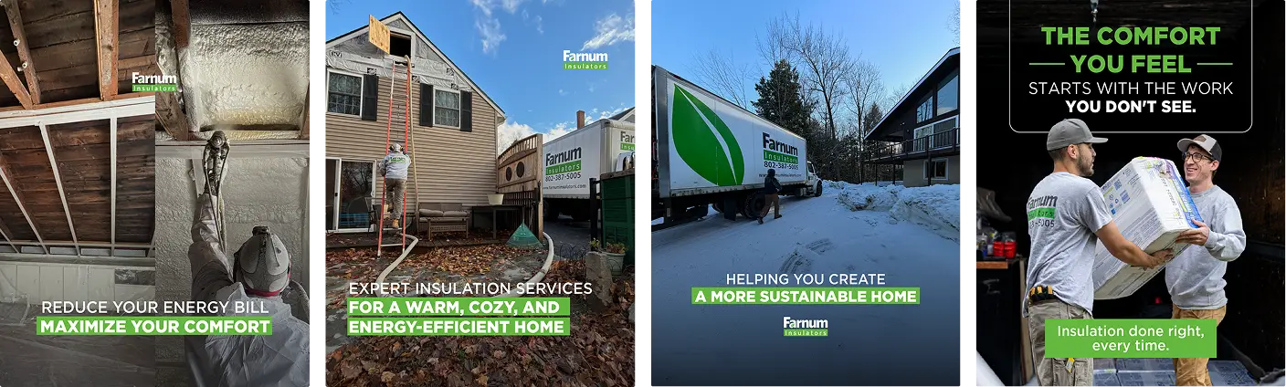 New Hampshire A team installs insulation in attics and homes during winter, highlighting energy efficiency and comfort with Farnum Insulators branding visible throughout the scenes. Marketing Agency