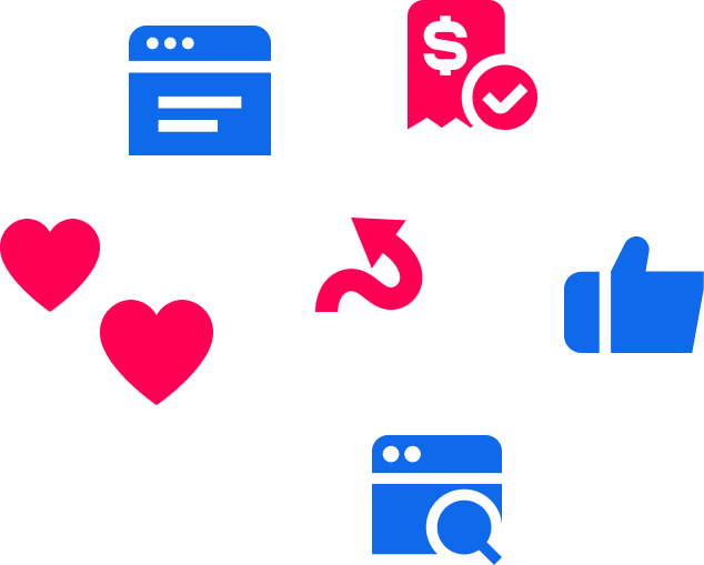 New Hampshire Blue icons of browser windows, a thumbs up, and a price tag with a check, along with pink hearts and a curved arrow, are connected by dashed lines on a gray background. Marketing Agency