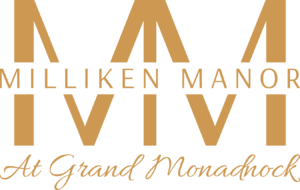 New Hampshire Logo with the words “Milliken Manor” in uppercase letters and “At Grand Monadnock” in script below, with geometric designs above and below the main text. Marketing Agency