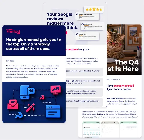 New Hampshire A collage showing digital marketing materials, including web reviews, a cat beside “The Q4 st is here” text, a strategy graphic, and search results on mobile screens. Marketing Agency